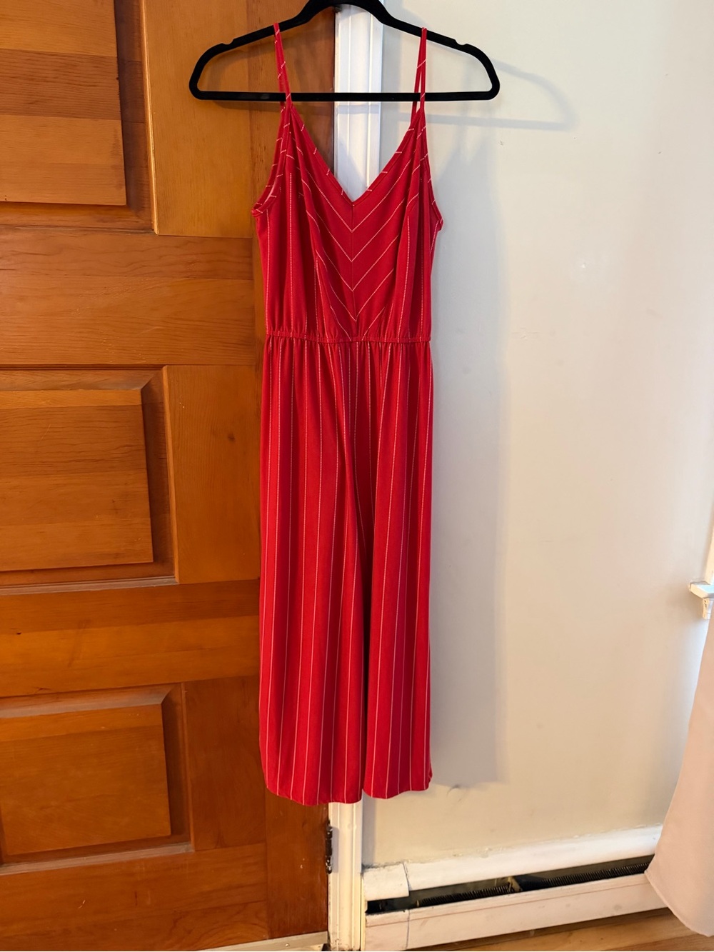 Charming Charlie Red Striped Sleeveless V-Neck Jumpsuit